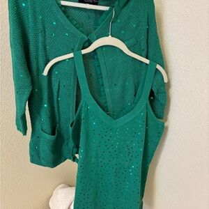RJ Graziano Colleen Lopez Green Sequin Sweater Set Tank & Cardigan M
